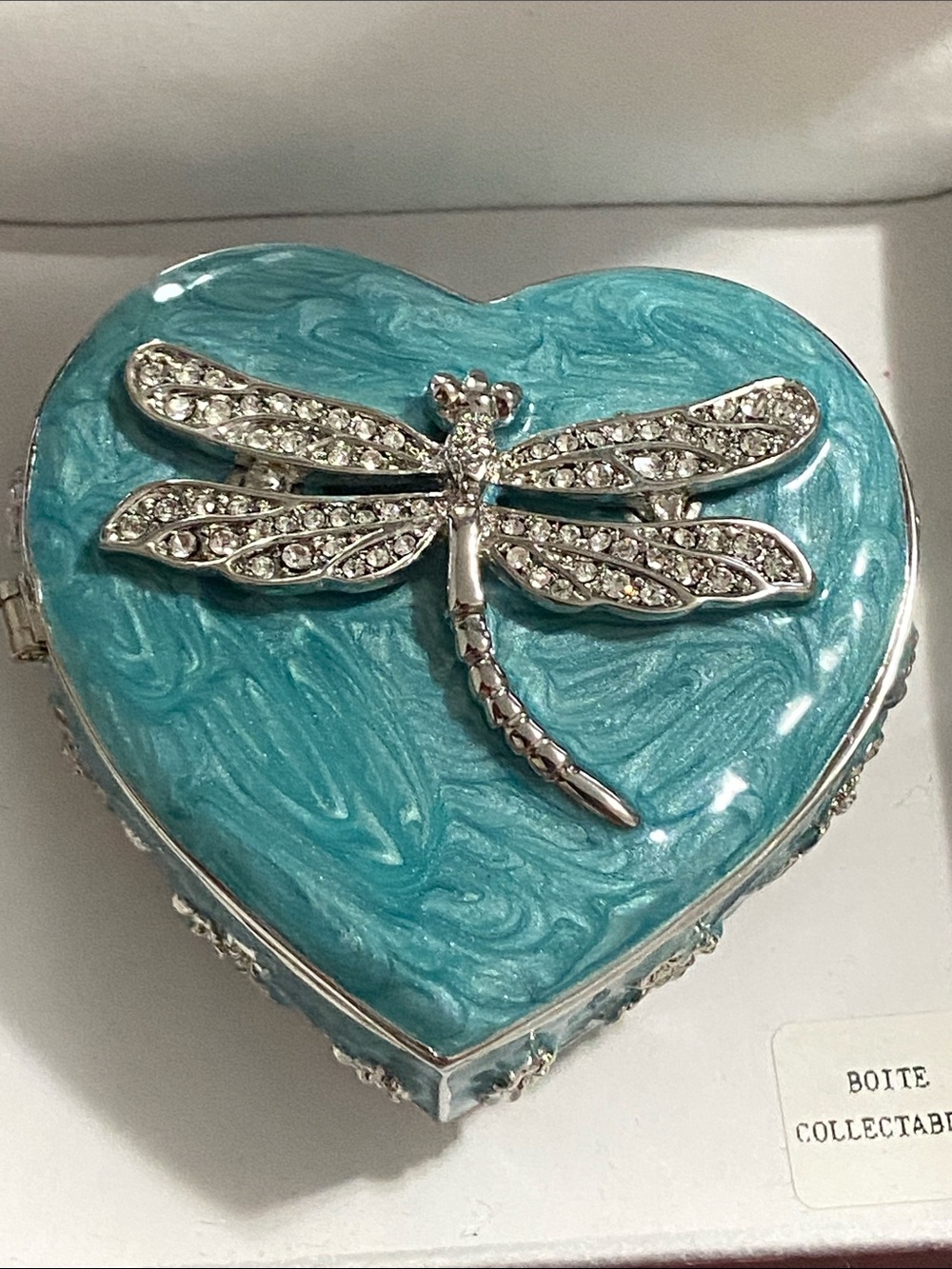 Vintage Heart-Shaped Turquoise Trinket Box with Dragonfly Accent